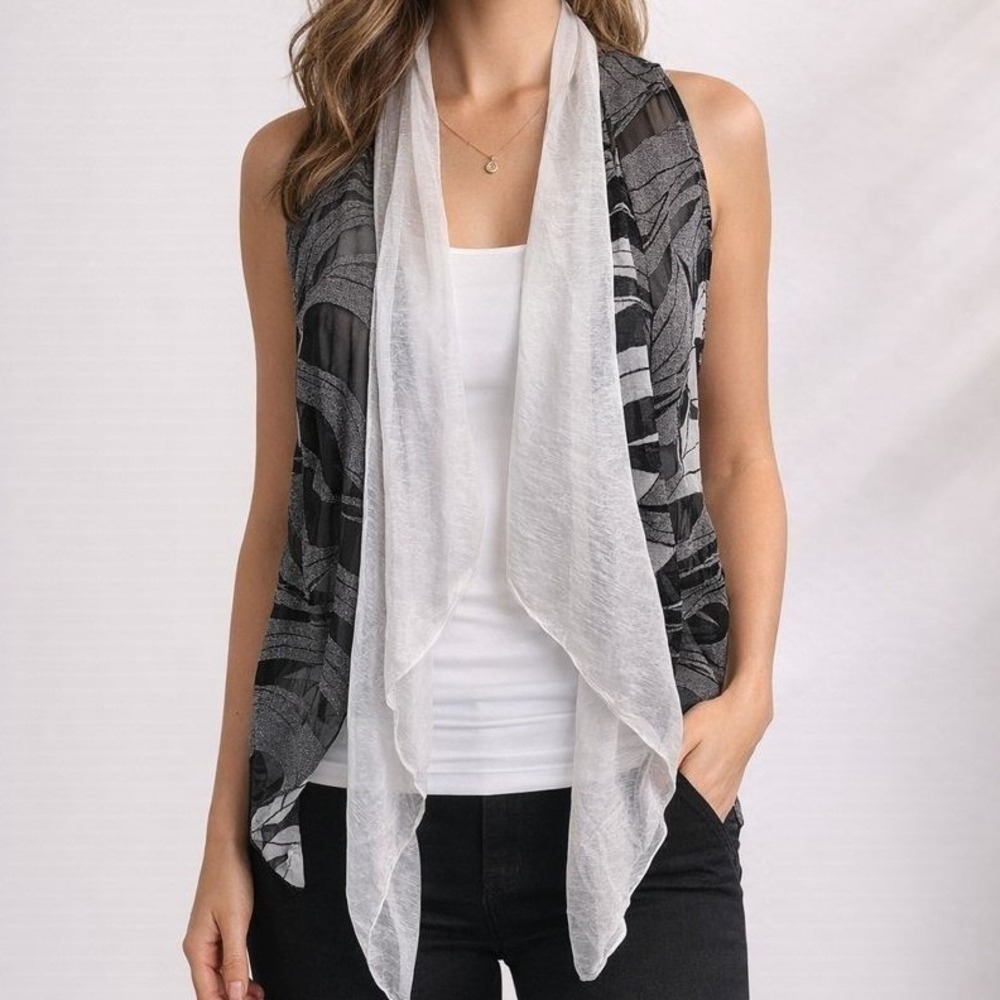 Pretty Angel Lagenlook Sheer Open Vest‎ Tank Black & White Silk Blend Size Small